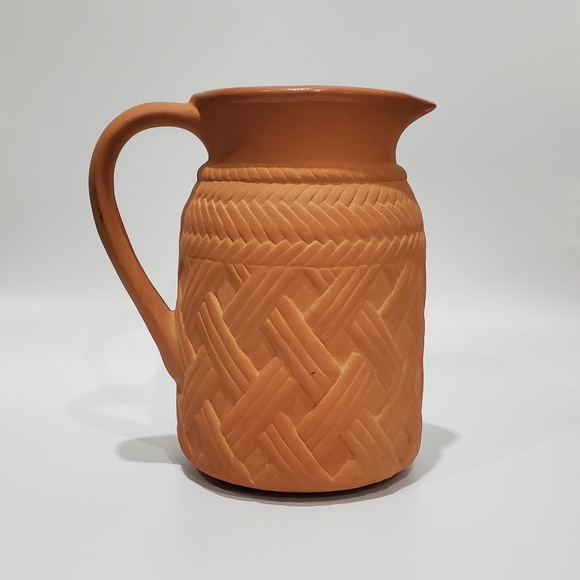 Vntg Clay 6 1/4" Pitcher Vase Woven Design Terracotta made in R.O.C. Taiwan - Picture 13 of 13